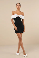Extravagant Moment Black And White Off-The-Shoulder Mini Dress