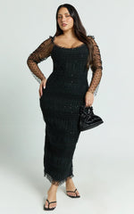 Evelyn Midi Dress Long Sleeve Shirred Tulle Dress in Black Polka