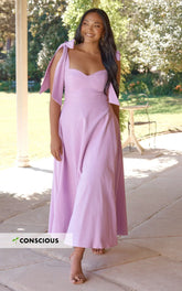 Tymia Midi Dress Shoulder Tie Bustier Shirred Back A Line in Lavender
