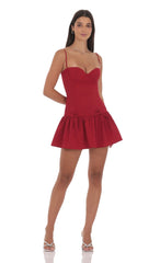 Jacquard Double Bow Drop Waist Dress in Red